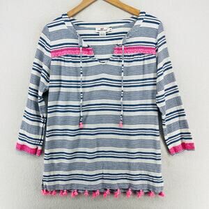 VINEYARD VINES Top Womens M Bungalow Striped Tunic Tassel Tie Neck Cotton Blue
